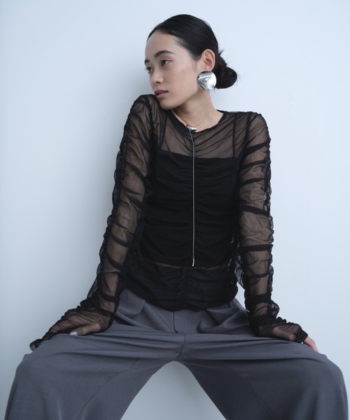 セール】ぼかしドットチュールギャザートップス（Tシャツ