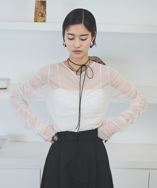 セール】ぼかしドットチュールギャザートップス（Tシャツ