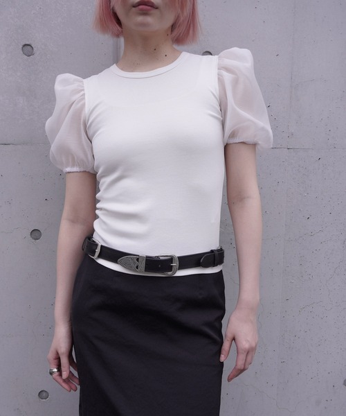 G.V.G.V.（ジーヴィージーヴィー）の「D-RING PUFF SLV RIB TOP（Tシャツ/カットソー・レディース・ホワイト/ブラック・ONE SIZE）」の17枚目の写真