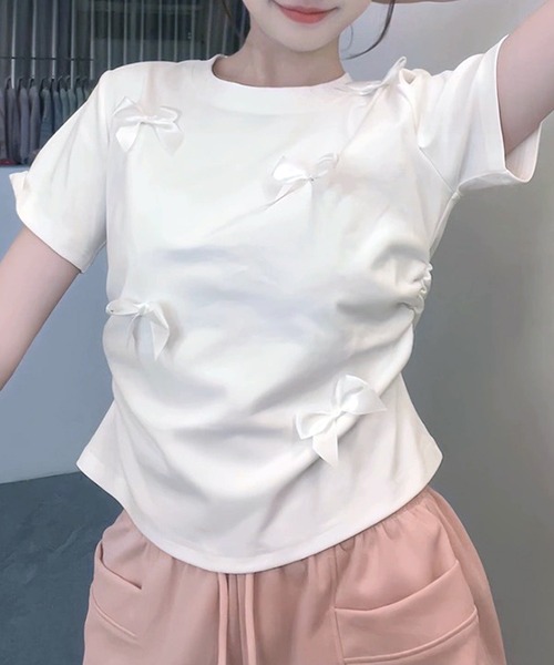 Lace Ladies(レースレディース)の「サテンリボン クルーネック 半袖 デザイン Tシャツ(Tシャツ/カットソー・レディース・ピンク/ホワイト/ブラック・XL/M/S)」の1枚目の写真
