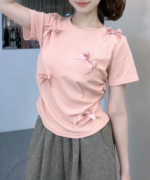 Lace Ladies(レースレディース)の「サテンリボン クルーネック 半袖 デザイン Tシャツ(Tシャツ/カットソー・レディース・ピンク/ホワイト/ブラック・XL/M/S)」の2枚目の写真