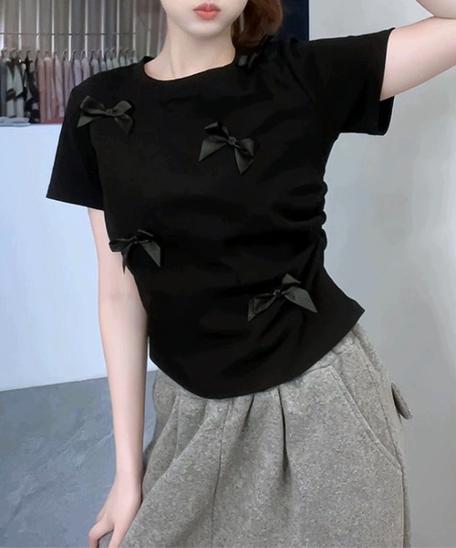 Lace Ladies(レースレディース)の「サテンリボン クルーネック 半袖 デザイン Tシャツ(Tシャツ/カットソー・レディース・ピンク/ホワイト/ブラック・XL/M/S)」の3枚目の写真