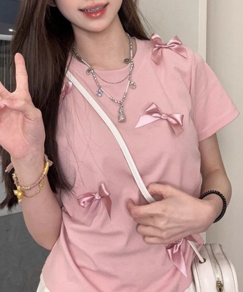 Lace Ladies(レースレディース)の「サテンリボン クルーネック 半袖 デザイン Tシャツ(Tシャツ/カットソー・レディース・ピンク/ホワイト/ブラック・XL/M/S)」の11枚目の写真