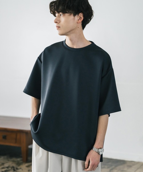接触冷感 オーバーサイズサイドスリットダンボール半袖クルーネックT