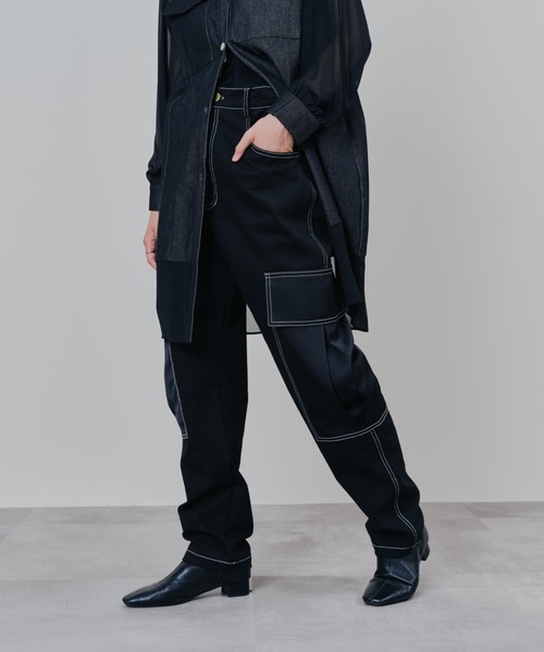 セール】ビックサテンミリタリーポケット配色ステッチパンツ（カーゴ