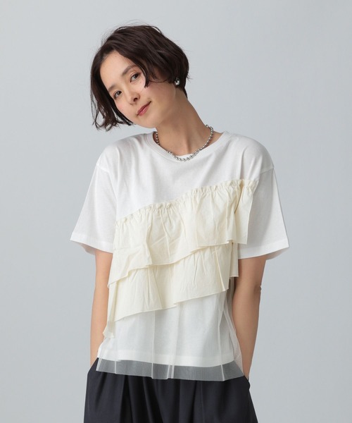 LEPSIM（レプシィム）の「異素材フリルドッキングT　490447（Tシャツ/カットソー・レディース・オフホワイト/ブラック/ブルー/ベージュ・FREE）」の2枚目の写真