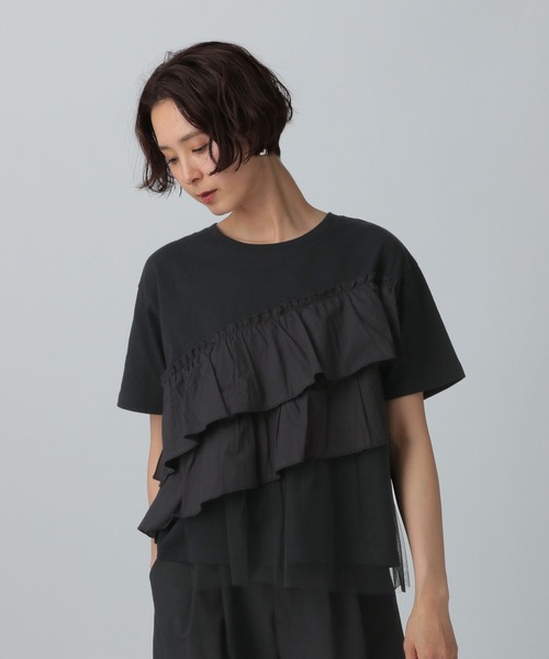 LEPSIM（レプシィム）の「異素材フリルドッキングT　490447（Tシャツ/カットソー・レディース・オフホワイト/ブラック/ブルー/ベージュ・FREE）」の3枚目の写真