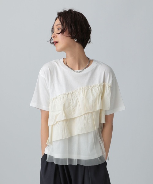 セール】異素材フリルドッキングT 490447（Tシャツ/カットソー