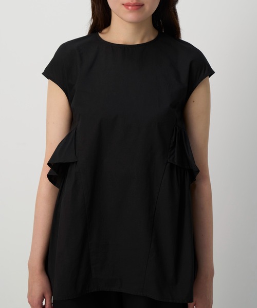 NAUL（ナウル）の「シアーノースリーブブラウス　/　シャツ　フリル　フリルブラウス　シアーシャツ　ウォッシャブル　コットン　フレンチスリーブ　春服　夏服　きれいめ　カジュアル　レディース　イエロー　レモン　黄色　ブラック　黒　アウトドア　キャンプ　フェス　デート（シャツ/ブラウス・レディース・イエロー/ブラック/オフホワイト・FREE）」の4枚目の写真