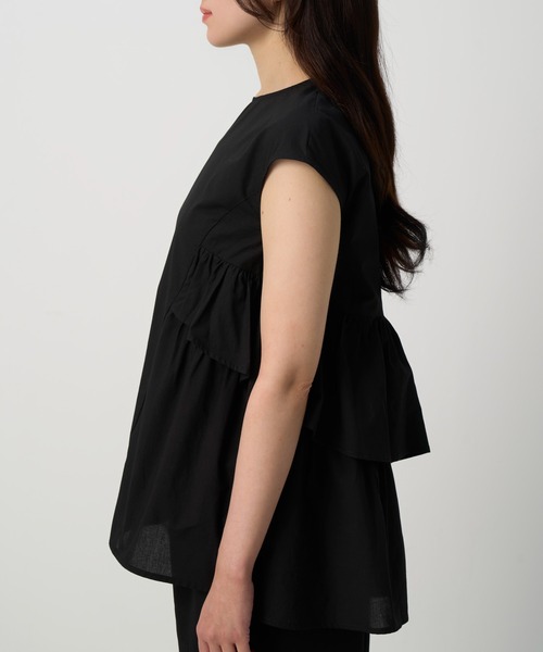 NAUL（ナウル）の「シアーノースリーブブラウス　/　シャツ　フリル　フリルブラウス　シアーシャツ　ウォッシャブル　コットン　フレンチスリーブ　春服　夏服　きれいめ　カジュアル　レディース　イエロー　レモン　黄色　ブラック　黒　アウトドア　キャンプ　フェス　デート（シャツ/ブラウス・レディース・イエロー/ブラック/オフホワイト・FREE）」の5枚目の写真