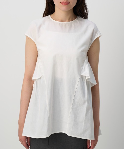 NAUL（ナウル）の「シアーノースリーブブラウス　/　シャツ　フリル　フリルブラウス　シアーシャツ　ウォッシャブル　コットン　フレンチスリーブ　春服　夏服　きれいめ　カジュアル　レディース　イエロー　レモン　黄色　ブラック　黒　アウトドア　キャンプ　フェス　デート（シャツ/ブラウス・レディース・イエロー/ブラック/オフホワイト・FREE）」の7枚目の写真