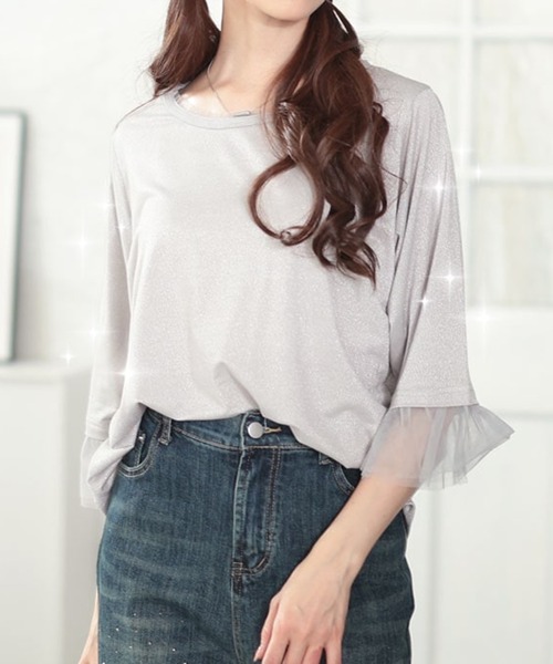 GOLDJAPAN(ゴールドジャパン)の「チュールフレアスリーブラメカットソー【大きいサイズ対応】(Tシャツ/カットソー・レディース・パープル/グレー/ブラック・5L/4L/3L/LL)」の2枚目の写真