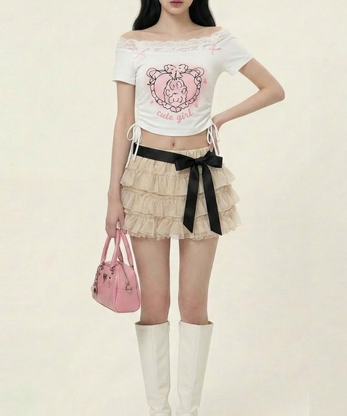HOOK(フック)の「【HOOK】for girls フリルプリントトップス (SS)(Tシャツ/カットソー・レディース・ブルー/ホワイト・SMALL/MEDIUM)」の8枚目の写真