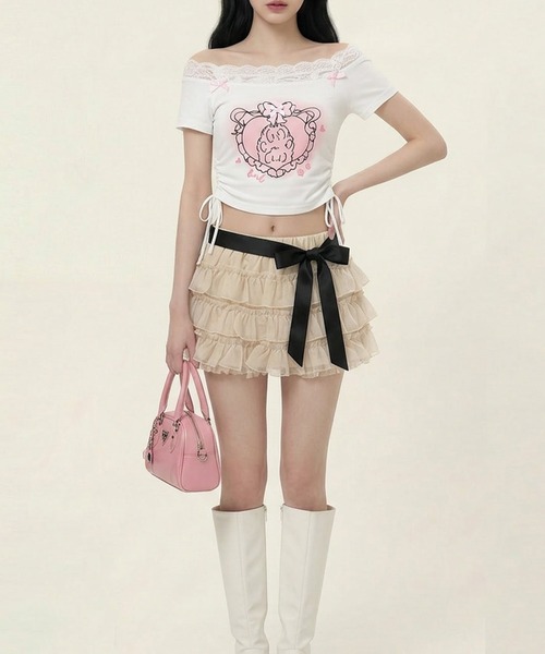 HOOK(フック)の「【HOOK】for girls フリルプリントトップス (SS)(Tシャツ/カットソー・レディース・ブルー/ホワイト・SMALL/MEDIUM)」の5枚目の写真