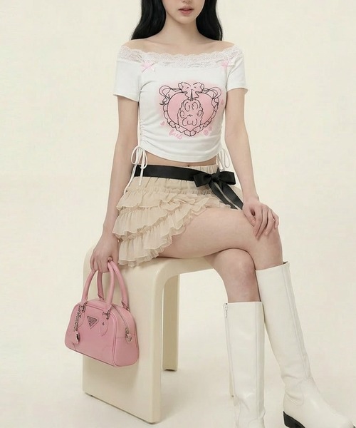 HOOK(フック)の「【HOOK】for girls フリルプリントトップス (SS)(Tシャツ/カットソー・レディース・ブルー/ホワイト・SMALL/MEDIUM)」の12枚目の写真