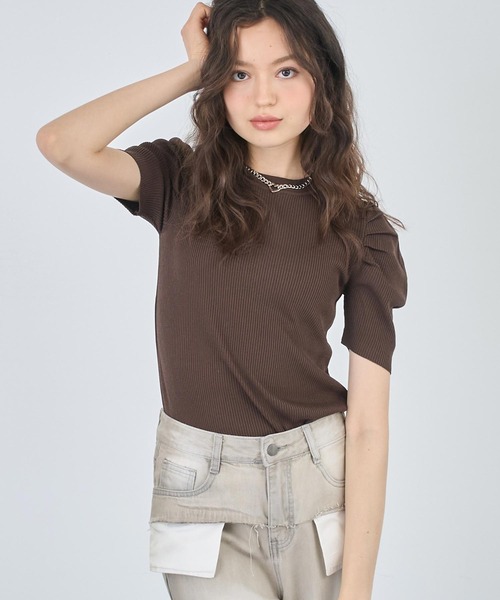ANAP(アナップ)の「ギャザースリーブ ニット 半袖(ニット/セーター・レディース・ブラウン/ブラック/ホワイト・FREE)」の12枚目の写真