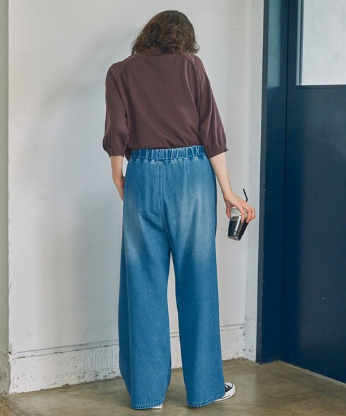ウォッシュ加工 ワイド イージー デニムパンツ MONO-MART LADY'S