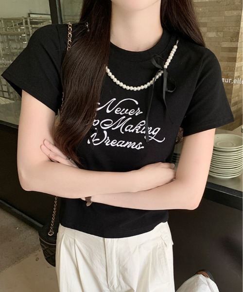 kirakiraShop(キラキラショップ)の「パール リボン プリント Tシャツ(Tシャツ/カットソー・レディース・ブラック/ホワイト・FREE)」の2枚目の写真