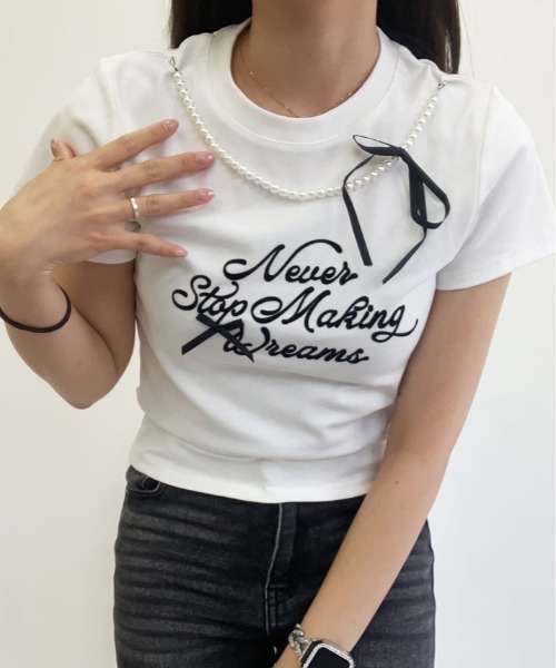 kirakiraShop(キラキラショップ)の「パール リボン プリント Tシャツ(Tシャツ/カットソー・レディース・ブラック/ホワイト・FREE)」の3枚目の写真