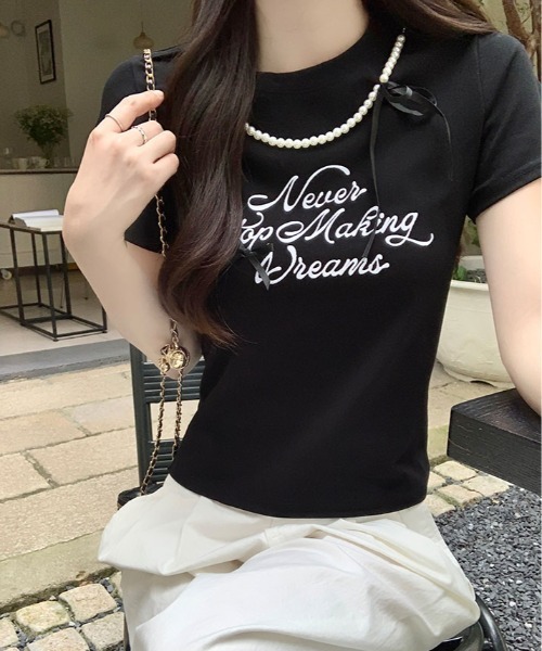 kirakiraShop(キラキラショップ)の「パール リボン プリント Tシャツ(Tシャツ/カットソー・レディース・ブラック/ホワイト・FREE)」の5枚目の写真