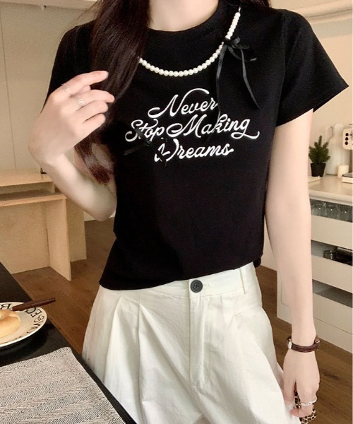 kirakiraShop(キラキラショップ)の「パール リボン プリント Tシャツ(Tシャツ/カットソー・レディース・ブラック/ホワイト・FREE)」の6枚目の写真