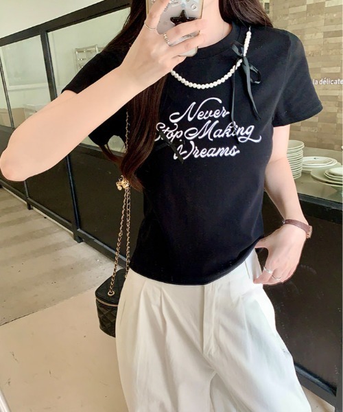 kirakiraShop(キラキラショップ)の「パール リボン プリント Tシャツ(Tシャツ/カットソー・レディース・ブラック/ホワイト・FREE)」の7枚目の写真