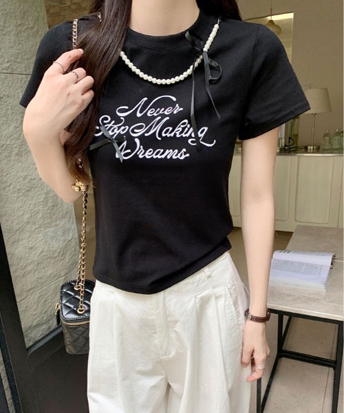 kirakiraShop(キラキラショップ)の「パール リボン プリント Tシャツ(Tシャツ/カットソー・レディース・ブラック/ホワイト・FREE)」の8枚目の写真