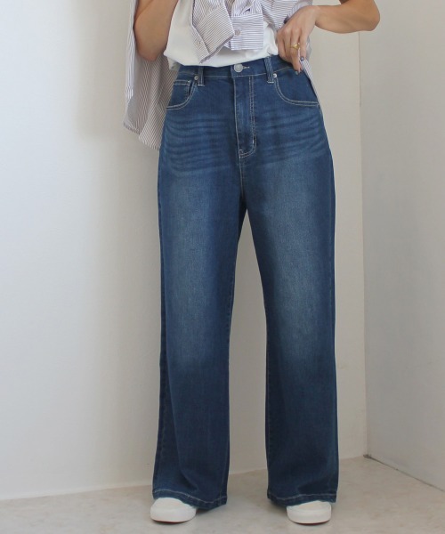 SELECT LEVERY(セレクトリベリー)の「接触冷感 UVカット 吸汗速乾 デニムワイドパンツ(デニムパンツ・レディース・ワンウォッシュ/ライトブルー/ネイビー/ホワイト・SMALL/MEDIUM/LARGE/X-LARGE)」の4枚目の写真