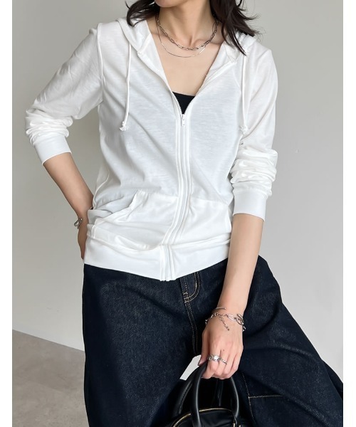 Re:EDIT（リエディ）の「[UVカット][大きいサイズ有]天竺フード付[UVカット][大きいサイズ有]天竺フード付きパーカーきパーカー（パーカー・レディース・杢グレー/オフホワイト/ネイビー/ブラック/ライトベージュ・SMALL/MEDIUM/LARGE/X-LARGE/XX-LARGE）」の2枚目の写真