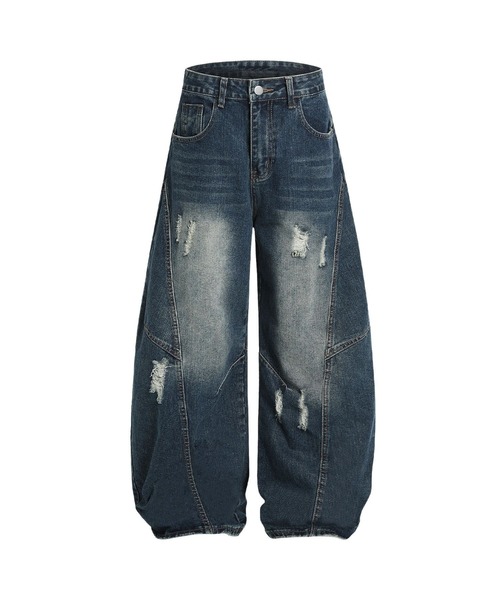 セール】クラッシュ加工ワイドカーブデニムパンツ ダメージ加工