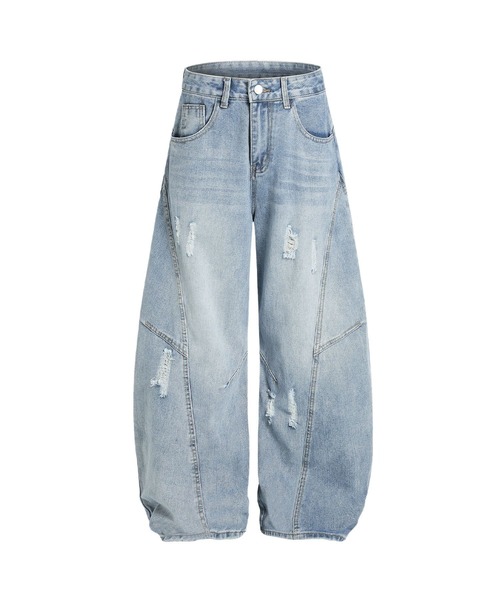 HOOK（フック）の「クラッシュ加工ワイドカーブデニムパンツ　ダメージ加工（デニムパンツ・メンズ・ネイビー/ライトブルー・SMALL/MEDIUM/LARGE）」の10枚目の写真