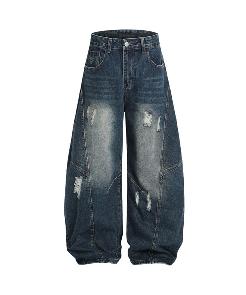 洗濯可ROLITAJEANS 00s y2k ダメージ加工　刺繍　デニムパンツ クラッシュ加工ワイドカーブデニムパンツ ダメージ加工（デニム