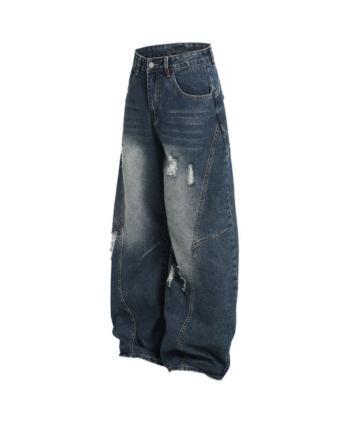 HOOK（フック）の「クラッシュ加工ワイドカーブデニムパンツ　ダメージ加工（デニムパンツ・メンズ・ネイビー/ライトブルー・SMALL/MEDIUM/LARGE）」の12枚目の写真