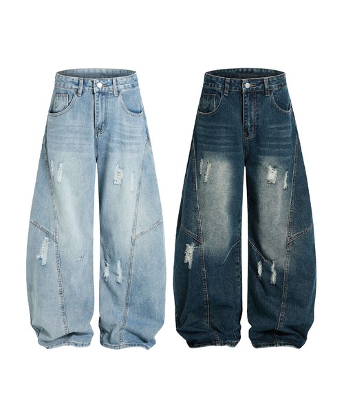 セール】クラッシュ加工ワイドカーブデニムパンツ ダメージ加工