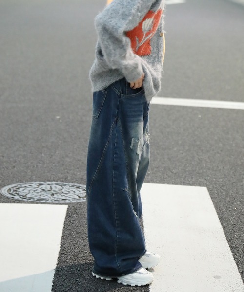 HOOK(フック)の「クラッシュ加工ワイドカーブデニムパンツ ダメージ加工(デニムパンツ・メンズ・ネイビー/ライトブルー・SMALL/MEDIUM/LARGE)」の21枚目の写真