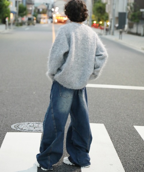 新作ストリートダメージ加工クラッシュワイドパンツGパンデニム クラッシュ加工ワイドカーブデニムパンツ ダメージ加工（デニム