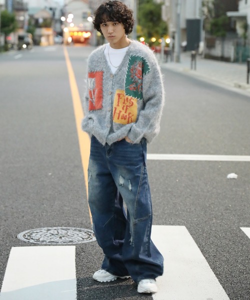 クラッシュ加工ワイドカーブデニムパンツ ダメージ加工（デニム