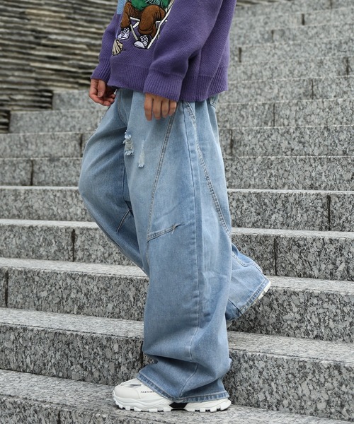 セール】クラッシュ加工ワイドカーブデニムパンツ ダメージ加工