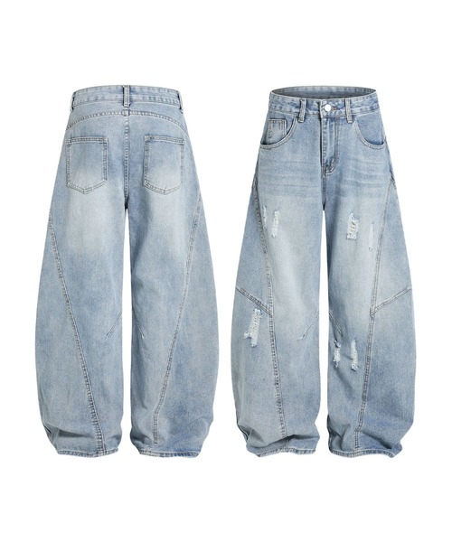 セール】クラッシュ加工ワイドカーブデニムパンツ ダメージ加工