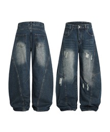 HOOK（フック）の「クラッシュ加工ワイドカーブデニムパンツ ダメージ加工（デニムパンツ）」