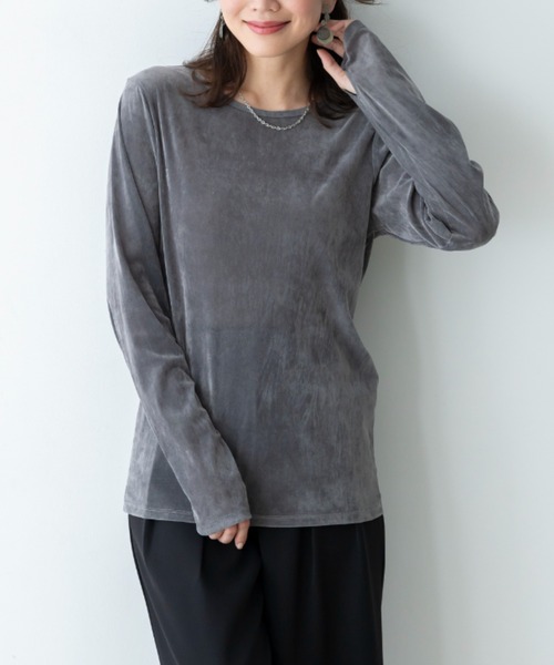 UNDOVE（アンドゥーブ）の「UNDOVE　ベロア風フロッキ－シアートップス　(シアー/薄手/春服)（Tシャツ/カットソー・レディース・ライトグレー/ブラック・MEDIUM/LARGE/X-LARGE）」の6枚目の写真