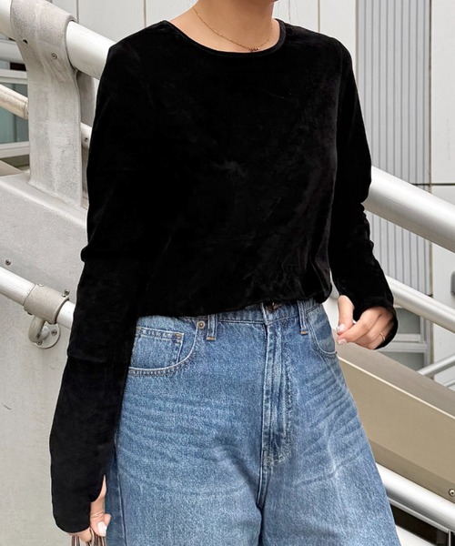 UNDOVE（アンドゥーブ）の「UNDOVE　ベロア風フロッキ－シアートップス　(シアー/薄手/春服)（Tシャツ/カットソー・レディース・ライトグレー/ブラック・MEDIUM/LARGE/X-LARGE）」の14枚目の写真