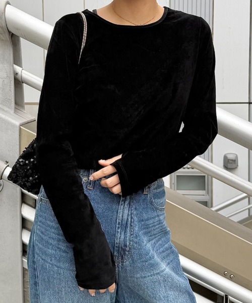 UNDOVE（アンドゥーブ）の「UNDOVE　ベロア風フロッキ－シアートップス　(シアー/薄手/春服)（Tシャツ/カットソー・レディース・ライトグレー/ブラック・MEDIUM/LARGE/X-LARGE）」の16枚目の写真