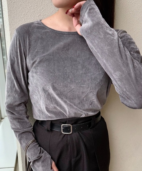 UNDOVE（アンドゥーブ）の「UNDOVE　ベロア風フロッキ－シアートップス　(シアー/薄手/春服)（Tシャツ/カットソー・レディース・ライトグレー/ブラック・MEDIUM/LARGE/X-LARGE）」の21枚目の写真