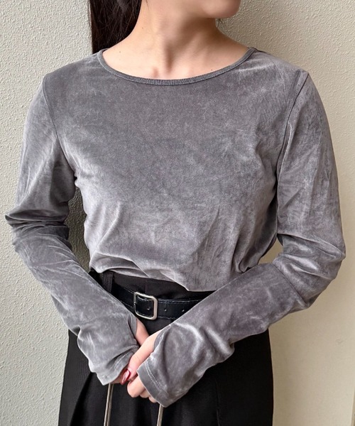 UNDOVE（アンドゥーブ）の「UNDOVE　ベロア風フロッキ－シアートップス　(シアー/薄手/春服)（Tシャツ/カットソー・レディース・ライトグレー/ブラック・MEDIUM/LARGE/X-LARGE）」の18枚目の写真