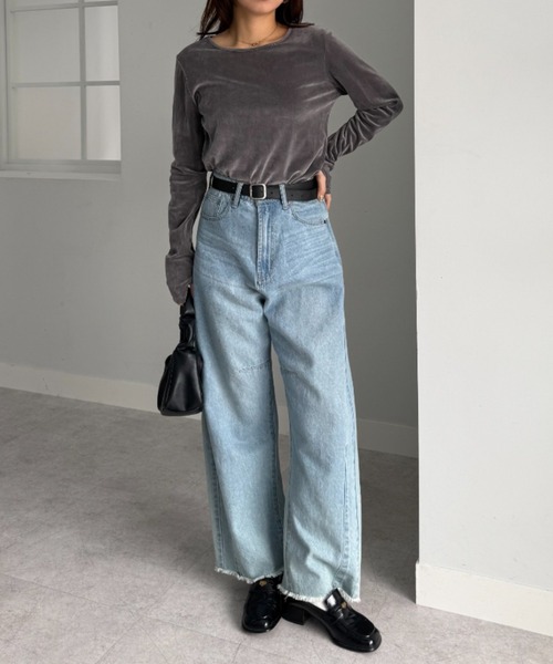 UNDOVE（アンドゥーブ）の「UNDOVE　ベロア風フロッキ－シアートップス　(シアー/薄手/春服)（Tシャツ/カットソー・レディース・ライトグレー/ブラック・MEDIUM/LARGE/X-LARGE）」の11枚目の写真