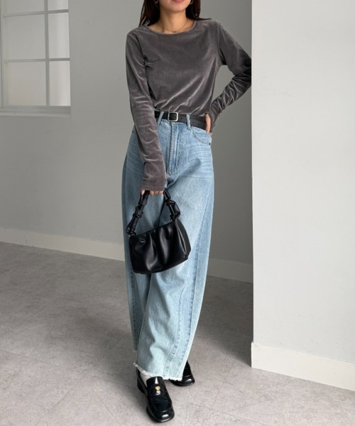 UNDOVE（アンドゥーブ）の「UNDOVE　ベロア風フロッキ－シアートップス　(シアー/薄手/春服)（Tシャツ/カットソー・レディース・ライトグレー/ブラック・MEDIUM/LARGE/X-LARGE）」の12枚目の写真