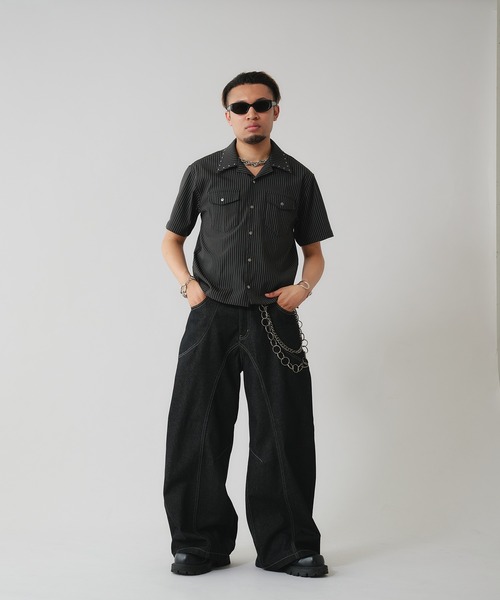 ANDER HUNK（アンダーハンク）の「Studs Design Stripe Open-Colour Shirt / スタッズデザインストライプオープンカラーシャツ（シャツ/ブラウス・メンズ・グレー/グレイッシュブルー/ブラック・MEDIUM/LARGE）」の17枚目の写真