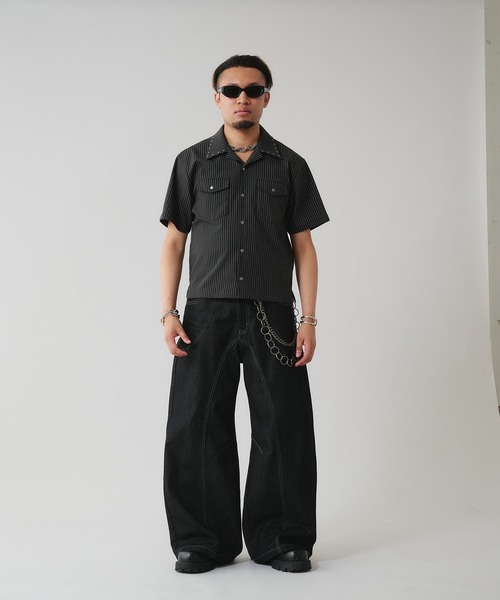 ANDER HUNK（アンダーハンク）の「Studs Design Stripe Open-Colour Shirt / スタッズデザインストライプオープンカラーシャツ（シャツ/ブラウス・メンズ・グレー/グレイッシュブルー/ブラック・MEDIUM/LARGE）」の18枚目の写真