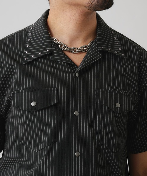 ANDER HUNK スタッズデザインストライプオープンカラーシャツ M 黒 Studs Design Stripe Open-Colour Shirt / スタッズデザイン